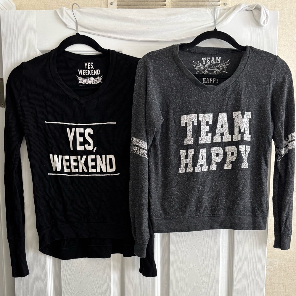 EUC So Nikki Black and Gray Graphic Longsleeve Tees; Girl Juniors Size L or 14.